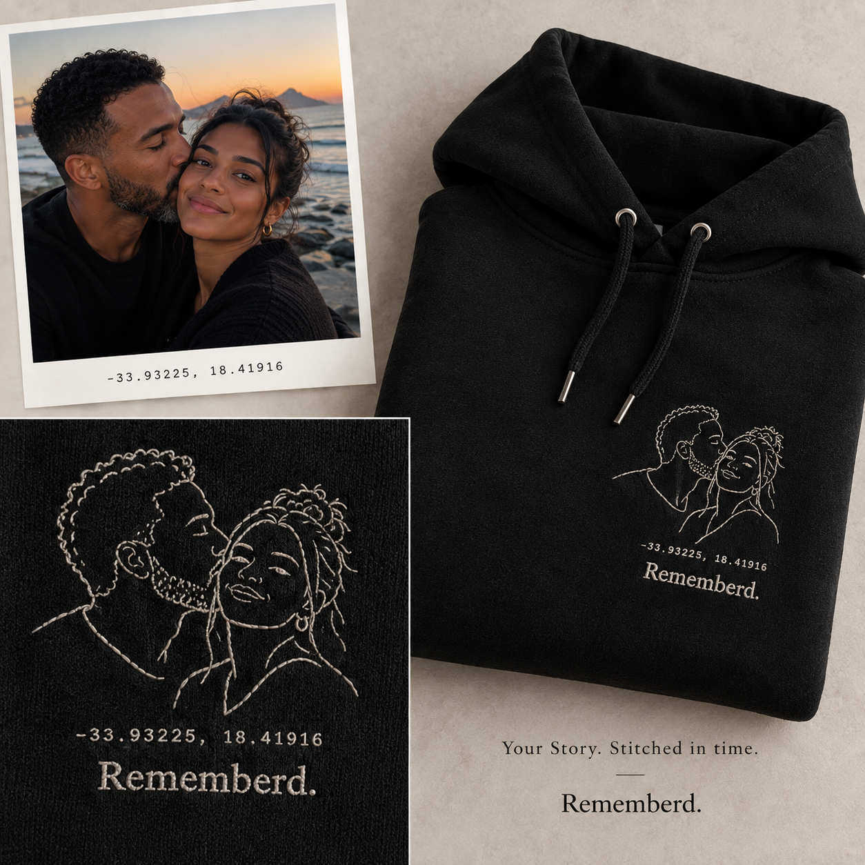 Rememberd couple hoodie embroidered with a special moment